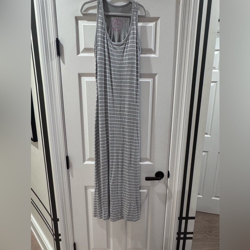Gray and White Striped Maxi Dress with Pink Stitching
